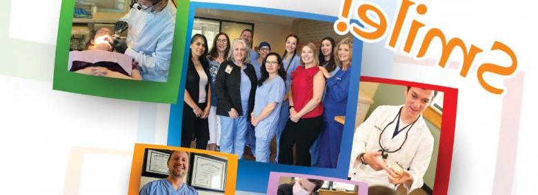 La palabra ¡Sonríe! 在彩色矩形上有几张卫生区家庭牙科诊所工作人员的照片。